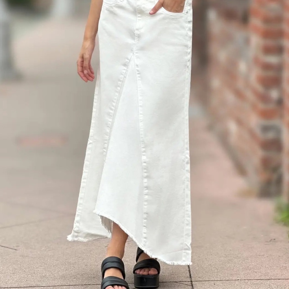 Asymmetrical White Maxi Skirt with Frayed Hem - Women's